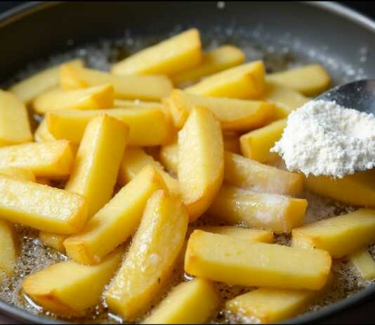 Χρυσαφένιες τραγανές τηγανητές πατάτες με μυρωδικά και συνοδευτική σάλτσα ντομάτας στο πλάι.