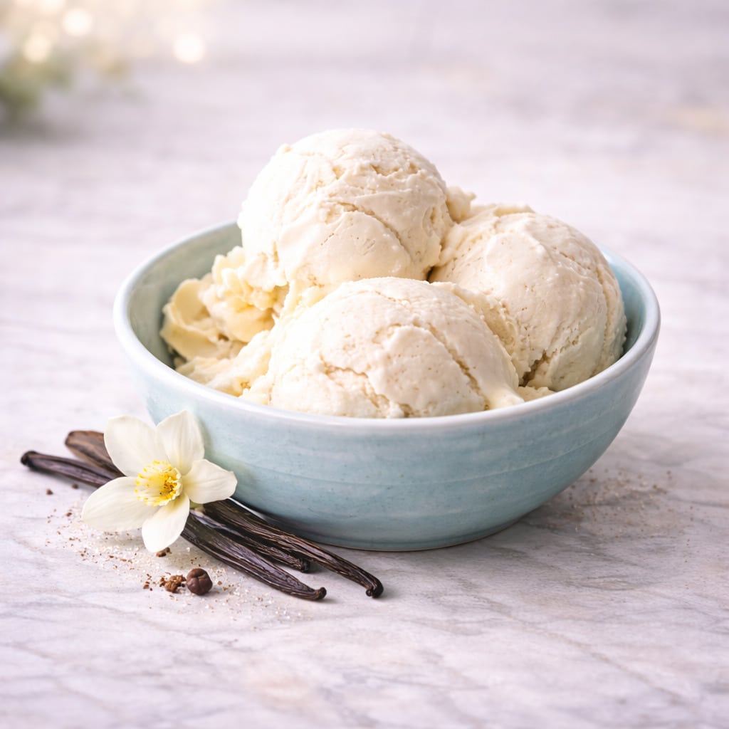 Κρεμώδες παγωτό βανίλια σε μπολ με λεία υφή και κλασική ανοιχτόχρωμη εμφάνιση