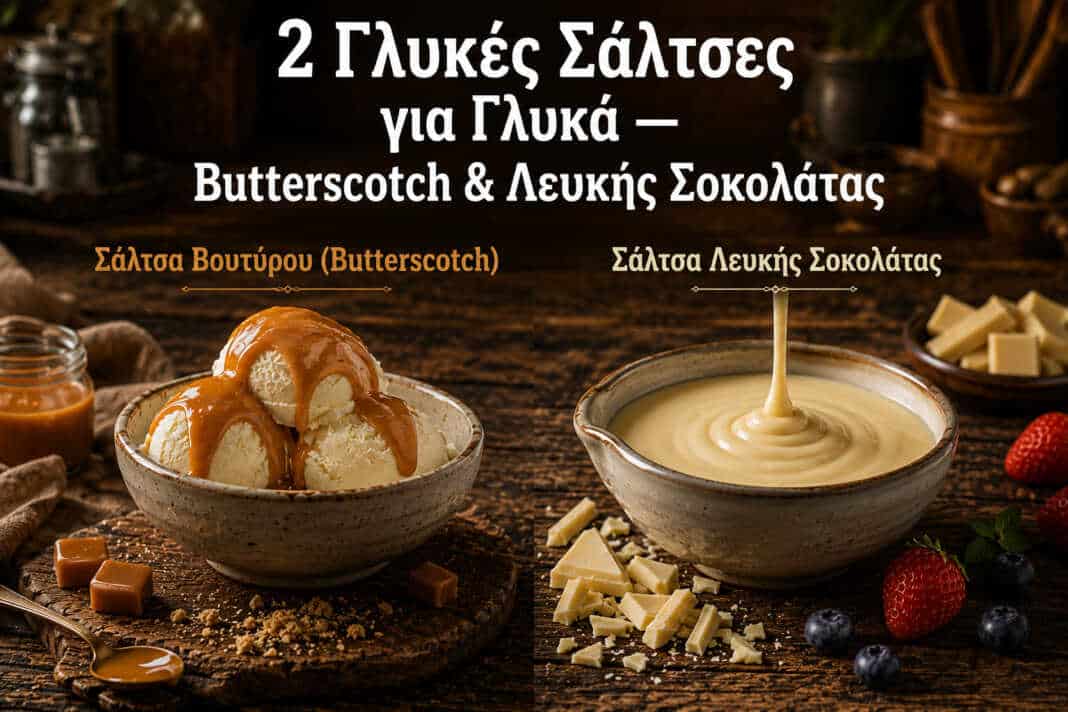 δύο γλυκές σάλτσες butterscotch και λευκής σοκολάτας σε μπολ