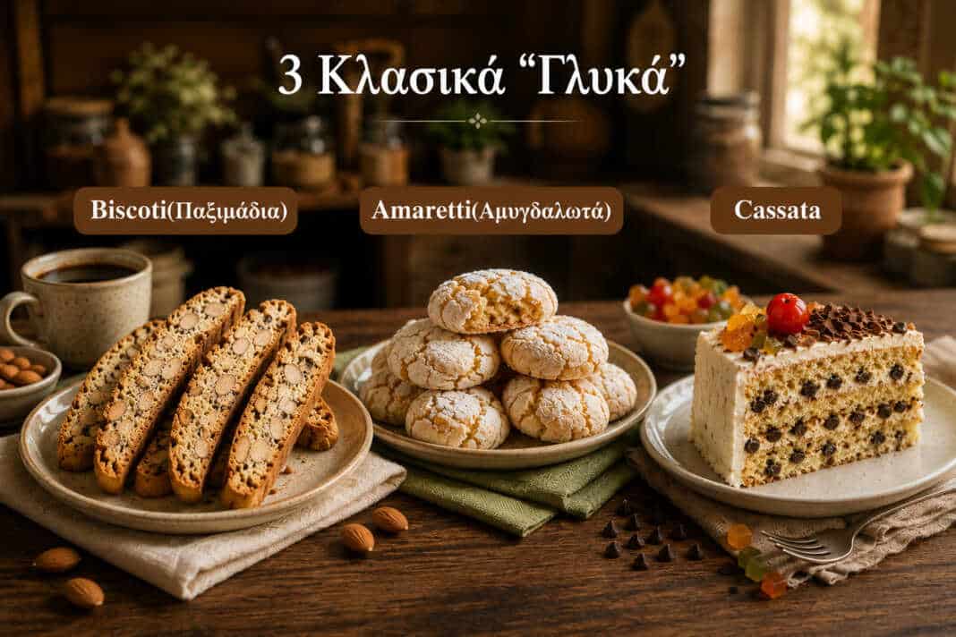 τραγανά biscotti με καφέ ιταλικά amaretti με άχνη cassata με ricotta και φρούτα παραδοσιακά ιταλικά γλυκά