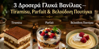 3 Δροσερά Γλυκά Βανίλιας — Tiramisu, Parfait & Βελούδινη Πουτίγκα Τρία δροσερά γλυκά βανίλιας σε ποτήρια: tiramisu, parfait και βελούδινη πουτίγκα.