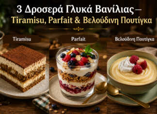 Τρία δροσερά γλυκά βανίλιας σε ποτήρια: tiramisu, parfait και βελούδινη πουτίγκα.
