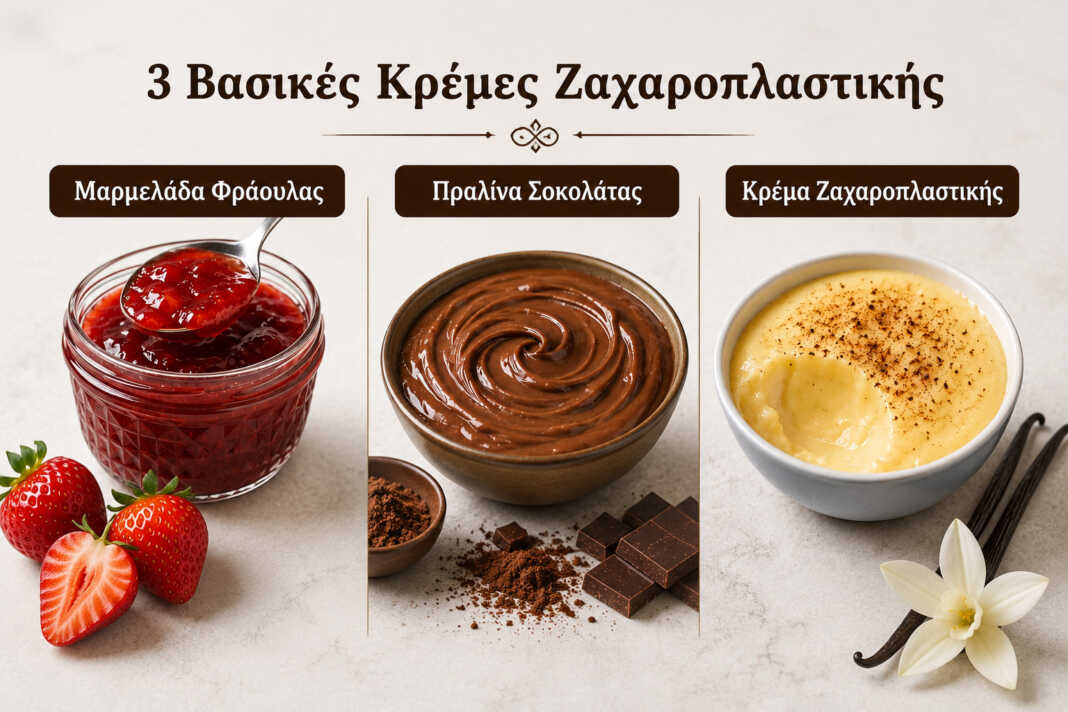 τρεις κλασικές γεμίσεις για γλυκά σε μπολάκια μαρμελάδα φράουλα σε γυάλινο βάζο σπιτική πραλίνα σοκολάτας βελούδινη κρέμα ζαχαροπλαστικής