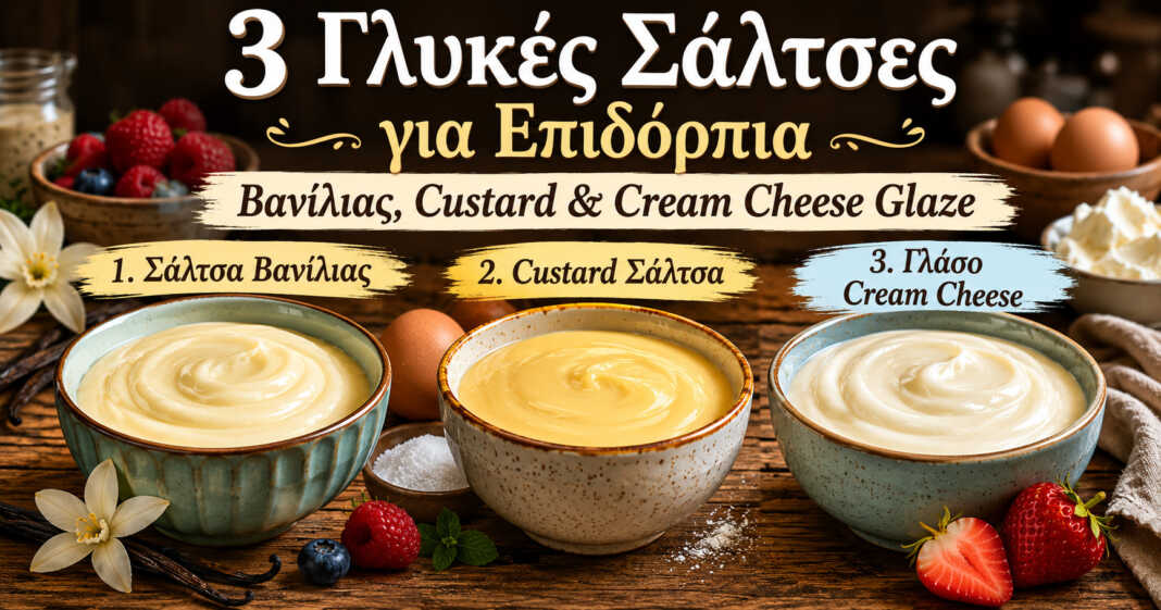 τρεις γλυκές σάλτσες για επιδόρπια σε μπολ, βανίλιας, custard και cream cheese glaze