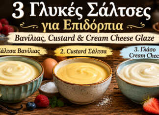 τρεις γλυκές σάλτσες για επιδόρπια σε μπολ, βανίλιας, custard και cream cheese glaze