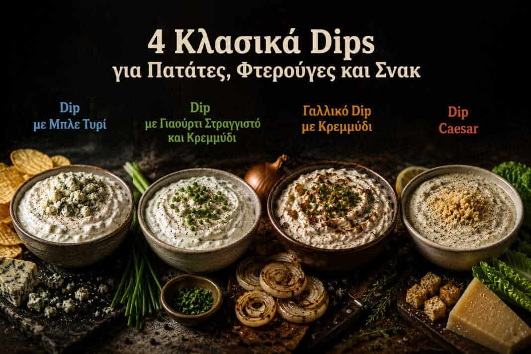 τέσσερα κλασικά dips σε μικρά μπολ για πατάτες και chicken wings