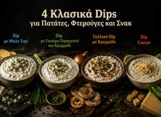 4 Κλασικά Dips για Πατάτες, Φτερούγες και Σνακ τέσσερα κλασικά dips σε μικρά μπολ για πατάτες και chicken wings