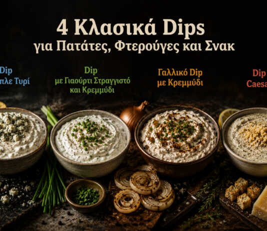τέσσερα κλασικά dips σε μικρά μπολ για πατάτες και chicken wings