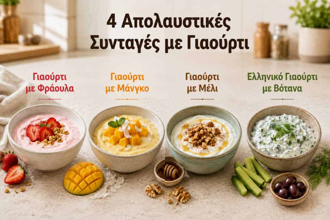 τέσσερα μπολ με διαφορετικές συνταγές γιαουρτιού με φράουλα μάνγκο μέλι και βότανα