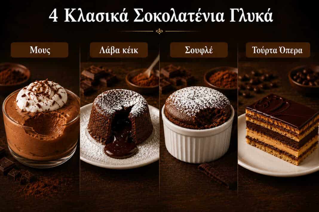 τέσσερα κλασικά σοκολατένια γλυκά: μους σοκολάτας, λαβα κέικ , σουφλέ και Opera Τούρτα