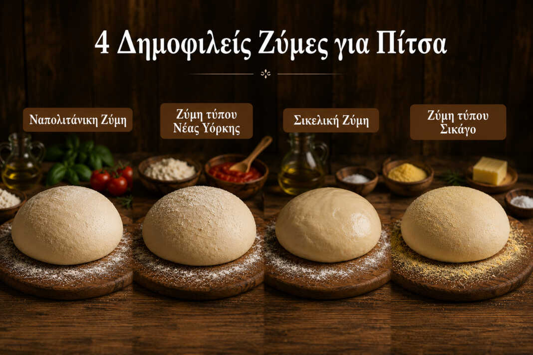 τέσσερα διαφορετικά είδη πίτσας ναπολιτάνικη πίτσα με φουσκωτό στεφάνι new york style pizza slice σικελική πίτσα σε ταψί