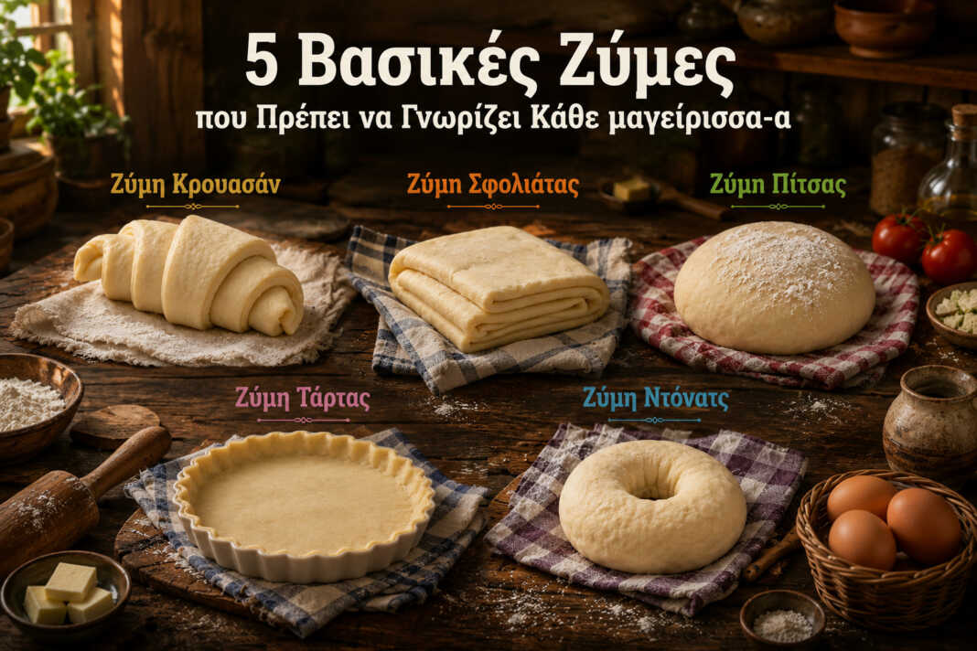 πέντε βασικές ζύμες για κρουασάν σφολιάτα πίτσα τάρτες και donuts