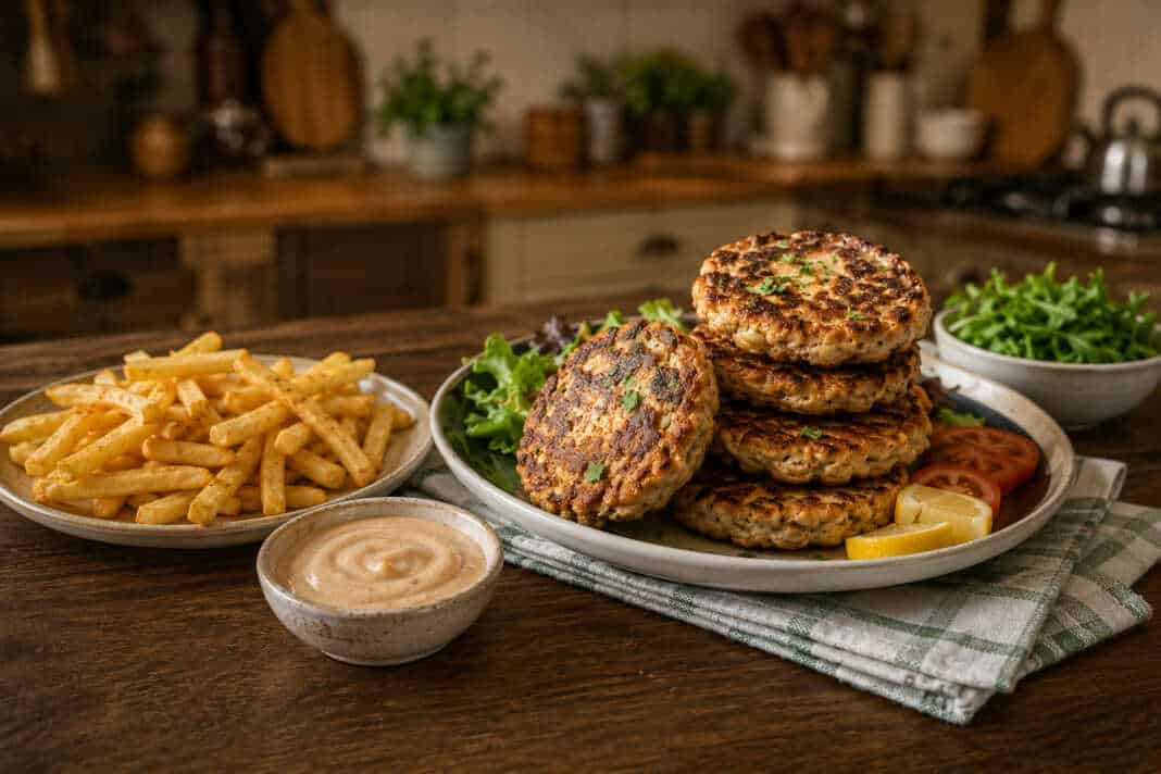 τραγανό φιλέτο κοτόπουλου για burger burger κοτόπουλου με μαρούλι και ντομάτα απλή burger sauce σε μπολάκι χρυσαφένιες πατάτες τηγανητές