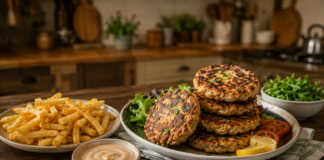 τραγανό φιλέτο κοτόπουλου για burger burger κοτόπουλου με μαρούλι και ντομάτα απλή burger sauce σε μπολάκι χρυσαφένιες πατάτες τηγανητές