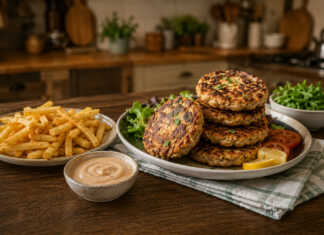 τραγανό φιλέτο κοτόπουλου για burger burger κοτόπουλου με μαρούλι και ντομάτα απλή burger sauce σε μπολάκι χρυσαφένιες πατάτες τηγανητές