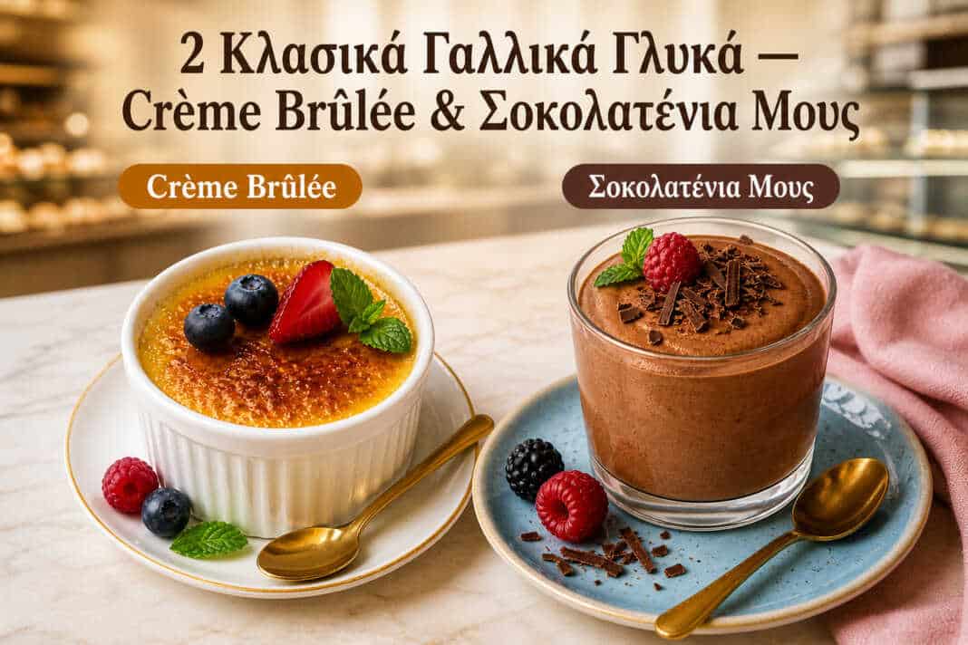 creme brulee με καραμελωμένη ζάχαρη σοκολατένια μους σε ποτήρι γαλλικά γλυκά σερβιρισμένα βελούδινη κρέμα brûlée