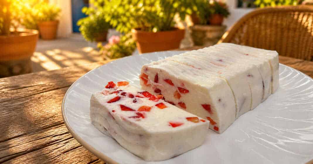 Δροσερό λευκό γλυκό ψυγείου με ολόκληρα κομμάτια φρέσκιας φράουλας, σερβιρισμένο σε πιατέλα.