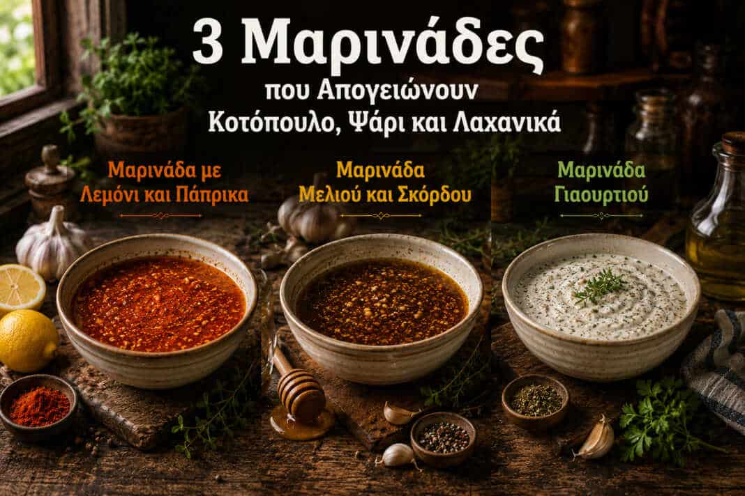 τρία μπολ με μαρινάδες για κοτόπουλο με λεμόνι μέλι και γιαούρτι