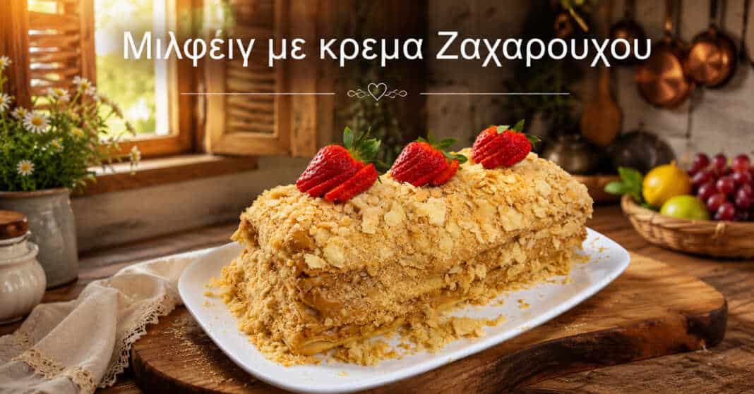 Στρώσεις τραγανής σφολιάτας με πλούσια καραμελένια κρέμα, πασπαλισμένες με τρίμματα ζύμης και διακοσμημένες με φράουλες.