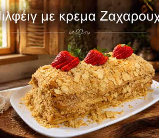 Στρώσεις τραγανής σφολιάτας με πλούσια καραμελένια κρέμα, πασπαλισμένες με τρίμματα ζύμης και διακοσμημένες με φράουλες.