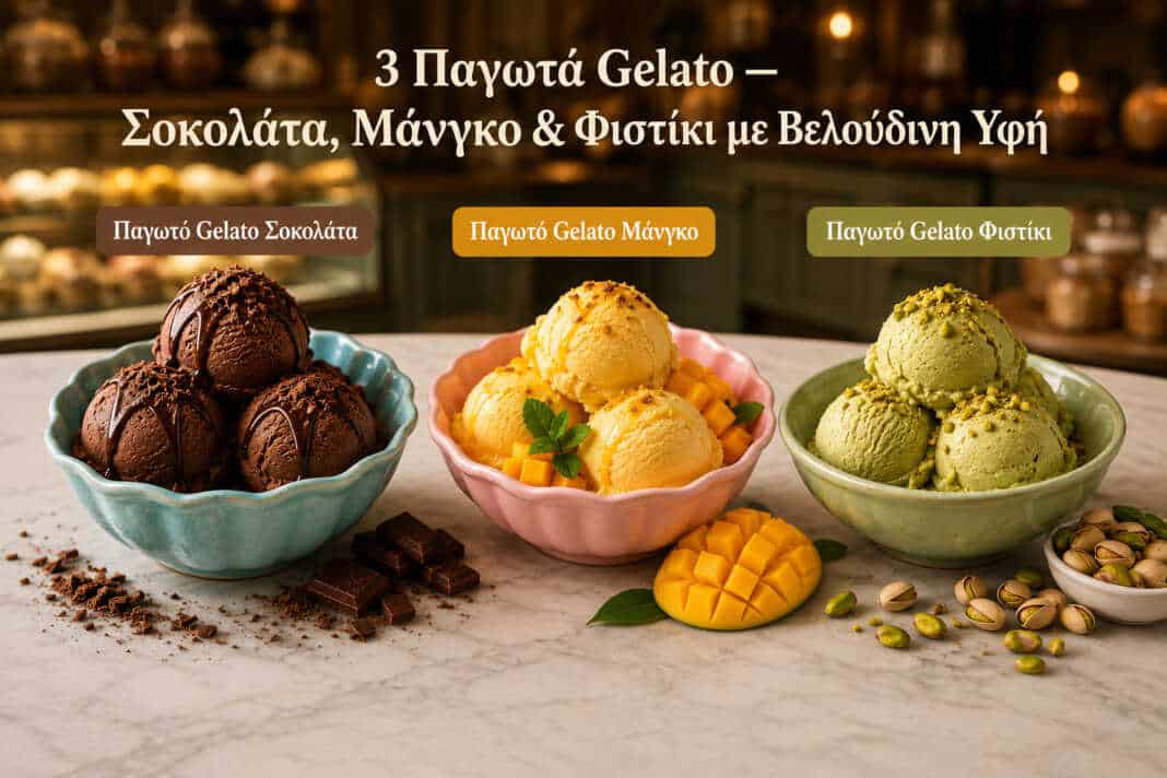 gelato σοκολάτα σε μπολ gelato μάνγκο φρέσκο gelato φιστίκι κρεμώδες τρία είδη ιταλικού παγωτού