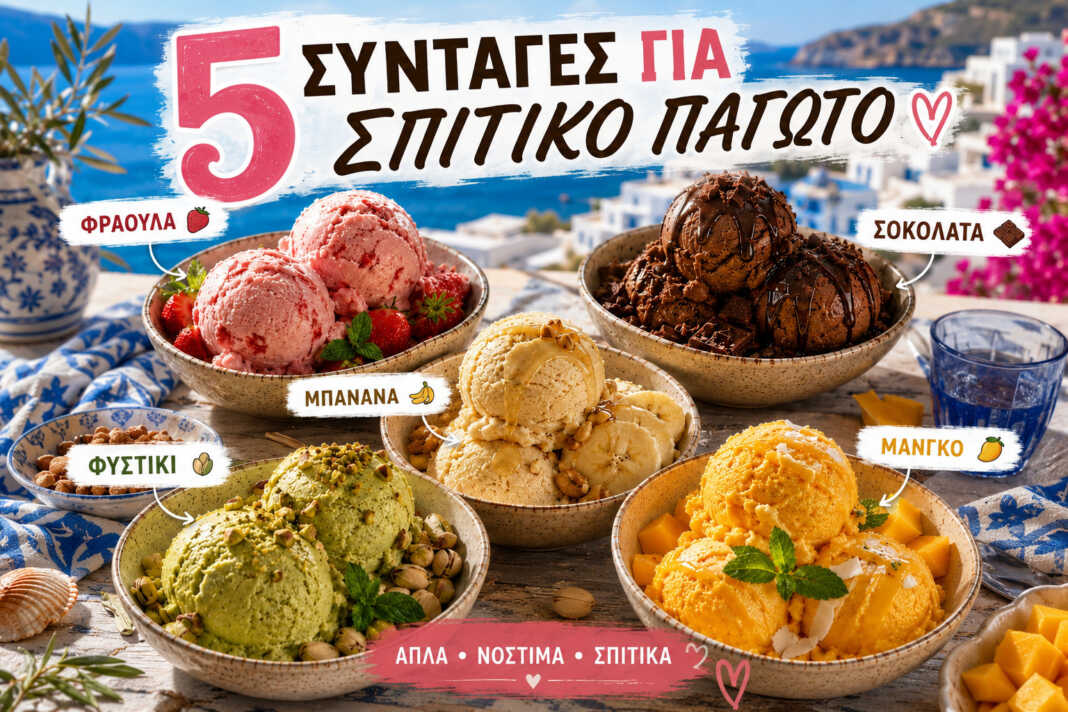 πέντε μπολάκια με σπιτικά παγωτά φράουλα φιστίκι σοκολάτα μάνγκο και μπανάνα