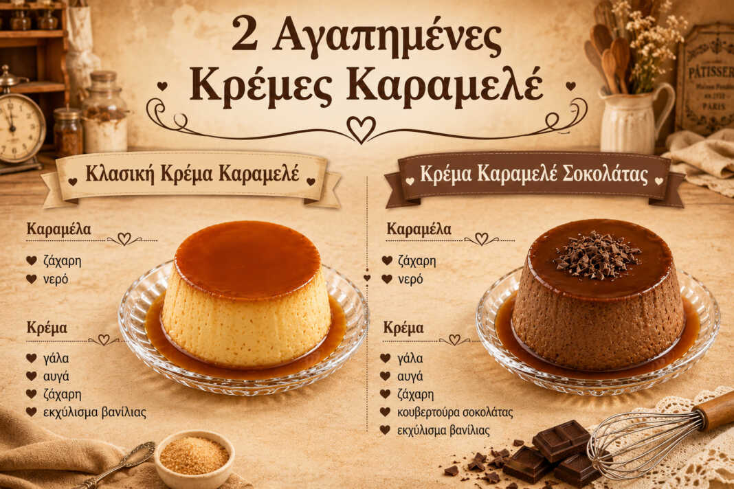 κλασική κρέμα καραμελέ βανίλιας και σοκολάτας σε ατομικά φορμάκια με σιρόπι καραμέλας