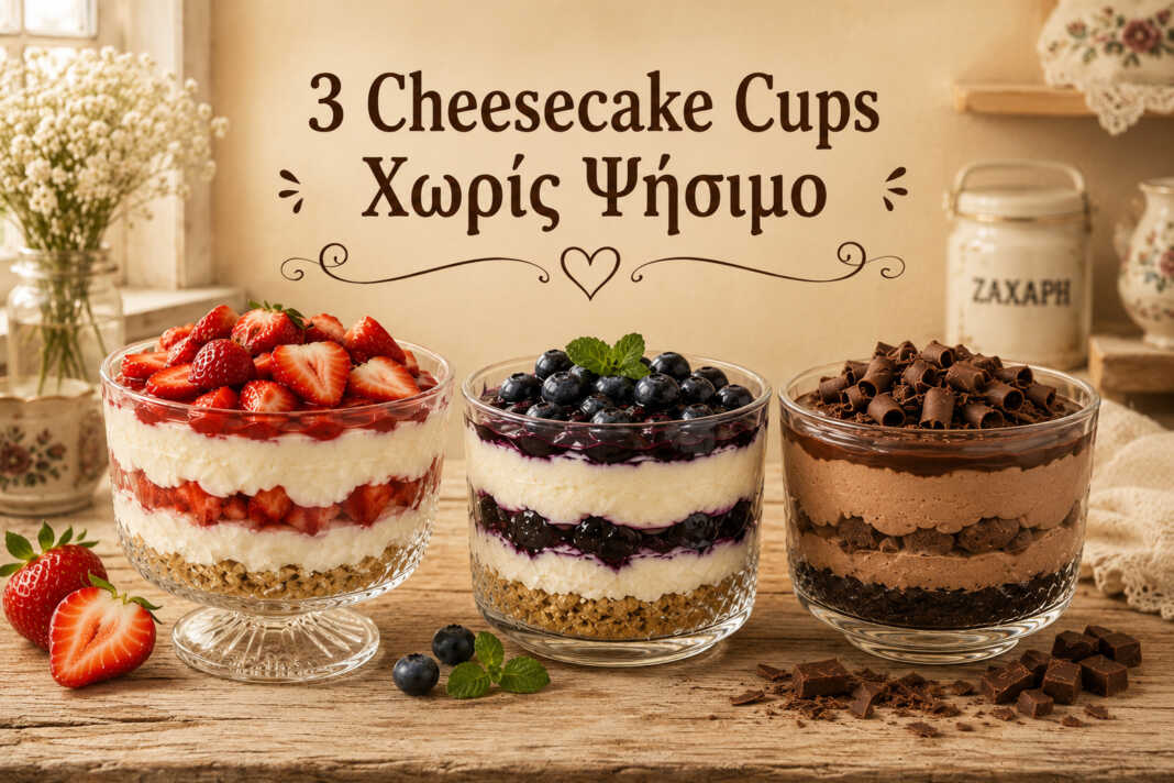 Cheesecake κουπάτα χωρίς ψήσιμο με φράουλα, blueberry και σοκολάτα σε ατομικά ποτήρια