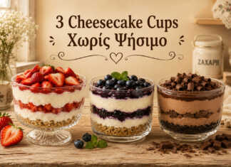 Cheesecake κουπάτα χωρίς ψήσιμο με φράουλα, blueberry και σοκολάτα σε ατομικά ποτήρια