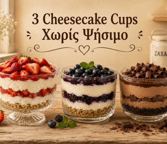 Cheesecake κουπάτα χωρίς ψήσιμο με φράουλα, blueberry και σοκολάτα σε ατομικά ποτήρια