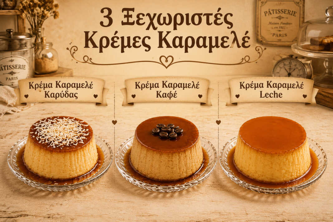 ποικιλία από κρέμες καραμελέ με καρύδα, καφέ και leche flan σε ατομικά φορμάκια