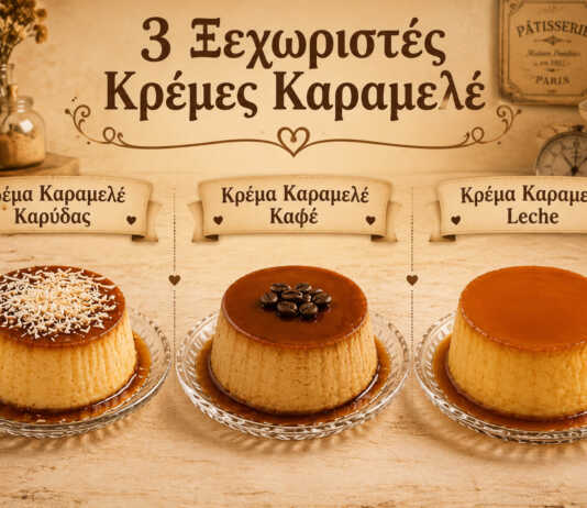 ποικιλία από κρέμες καραμελέ με καρύδα, καφέ και leche flan σε ατομικά φορμάκια