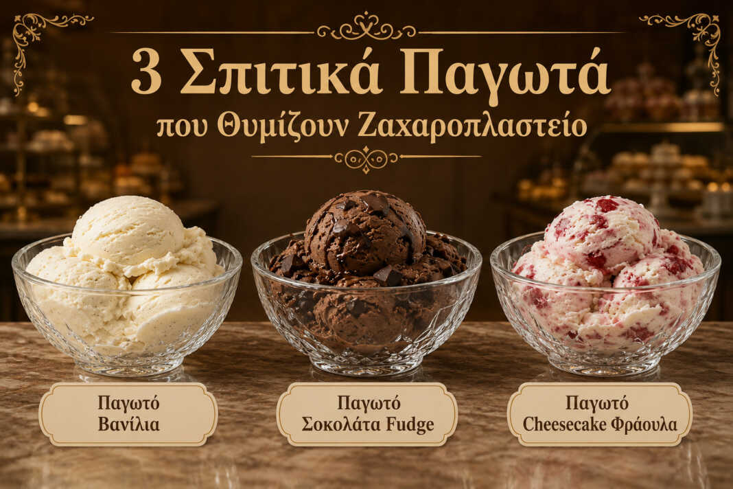 3 Σπιτικά Παγωτά που Θυμίζουν Ζαχαροπλαστείο με γεύσεις βανίλια, σοκολάτα fudge και cheesecake φράουλα σε κρυστάλλινα μπολάκια