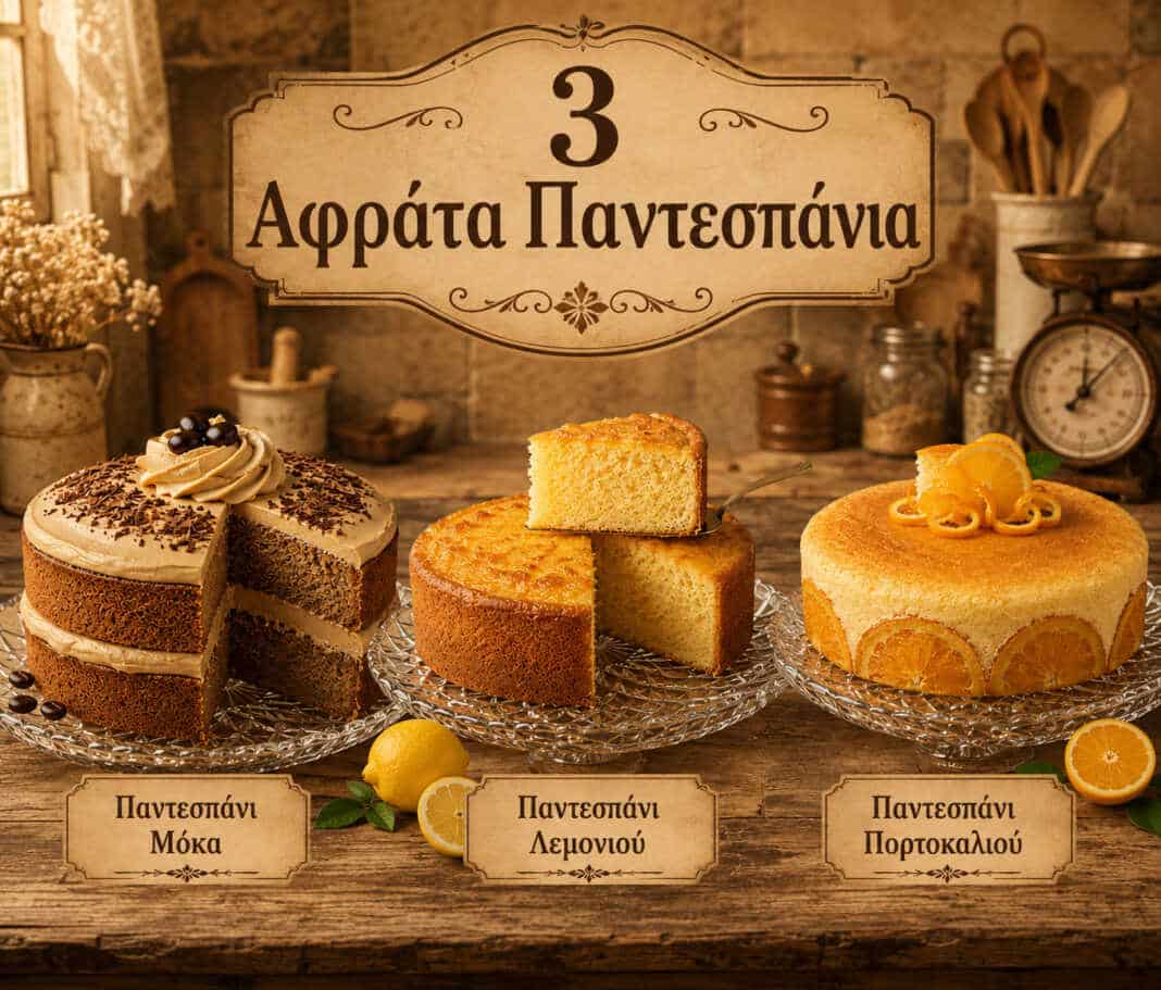 Τρία αφράτα παντεσπάνια μόκα λεμονιού και πορτοκαλιού σε ξύλινο τραπέζι ζαχαροπλαστικής