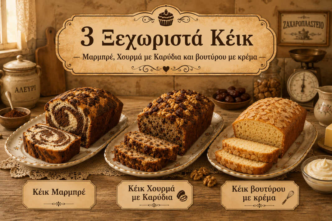 τρία διαφορετικά κέικ μαρμπρέ χουρμά με καρύδια και malai cake σε ξύλινο τραπέζι