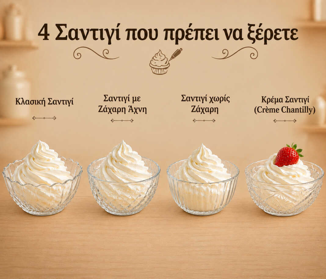 Τέσσερις υπέροχες συνταγές για σαντιγί και Crème Chantilly που θα απογειώσουν κάθε γλυκό. Εύκολες, αφράτες και έτοιμες σε λίγα λεπτά.