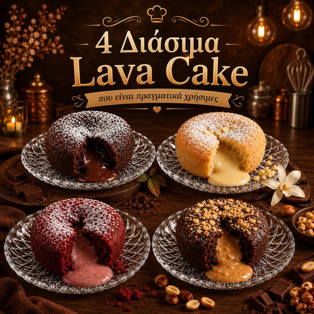 τέσσερα lava cake με σοκολάτα λευκή σοκολάτα red velvet και φυστικοβούτυρο με ρευστή καρδιά