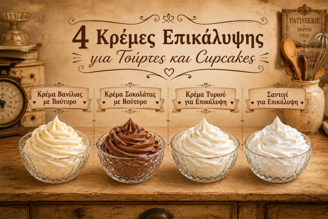 τέσσερις διαφορετικές κρέμες επικάλυψης σε cupcakes και τούρτες