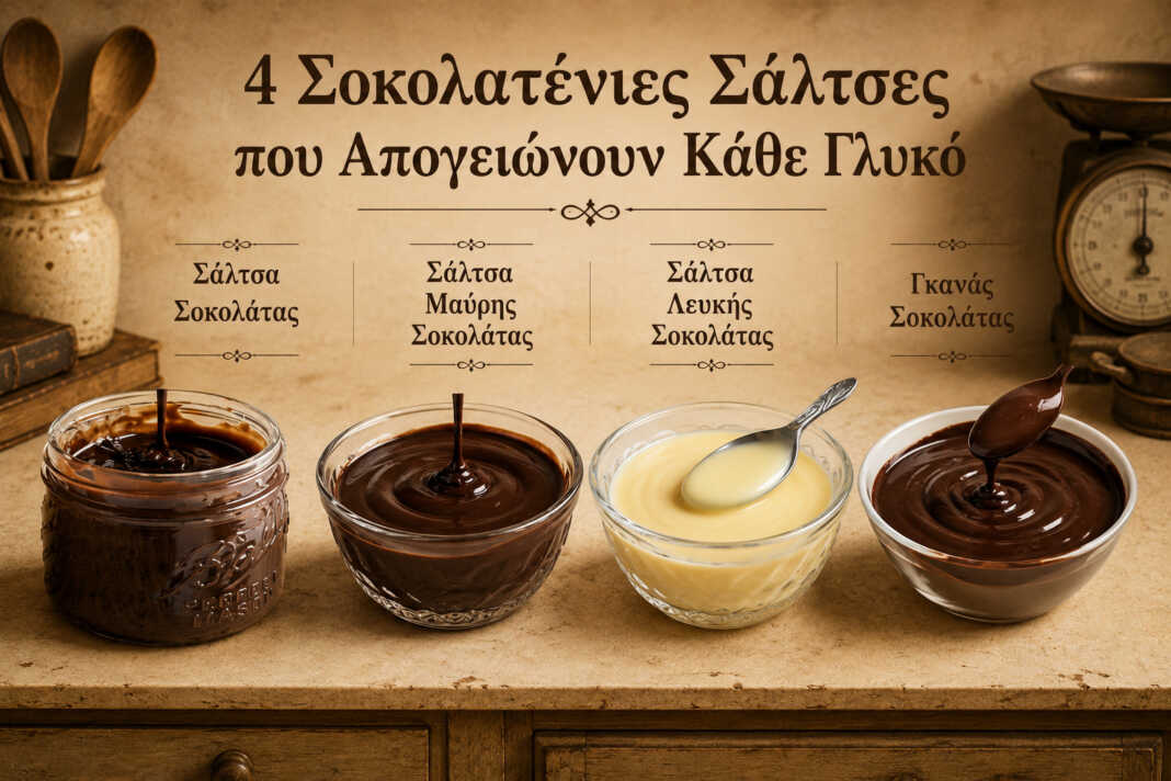 ποικιλία από σπιτικές σοκολατένιες σάλτσες σε γυάλινα μπολάκια