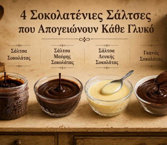 ποικιλία από σπιτικές σοκολατένιες σάλτσες σε γυάλινα μπολάκια