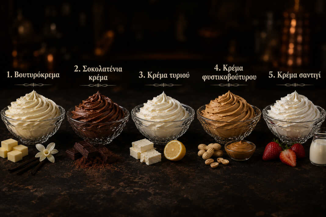 διάφορες κρέμες επικάλυψης για τούρτες και cupcakes σε κορνέ ζαχαροπλαστικής