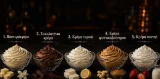 διάφορες κρέμες επικάλυψης για τούρτες και cupcakes σε κορνέ ζαχαροπλαστικής