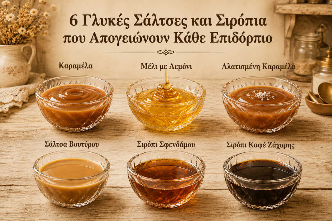 ποικιλία από καραμέλα, butterscotch, μέλι και σιρόπια σε γυάλινα μπολάκια
