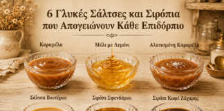 6 Γλυκές Σάλτσες και Σιρόπια που Απογειώνουν Κάθε Επιδόρπιο ποικιλία από καραμέλα, butterscotch, μέλι και σιρόπια σε γυάλινα μπολάκια