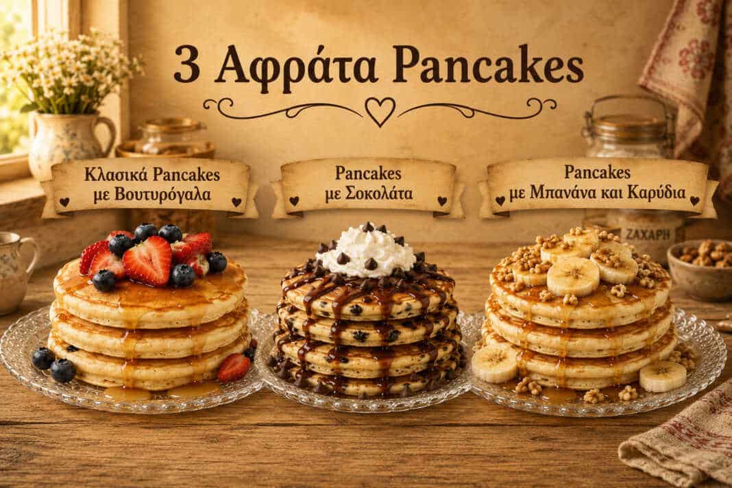 στοίβα από αφράτα pancakes με σοκολάτα μπανάνα καρύδια και σιρόπι