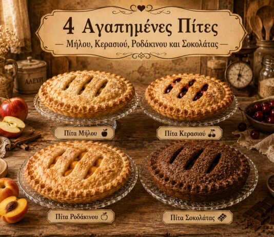 ποικιλία από μηλόπιτα κερασόπιτα ροδακινόπιτα και σοκολατόπιτα σε ξύλινο τραπέζι