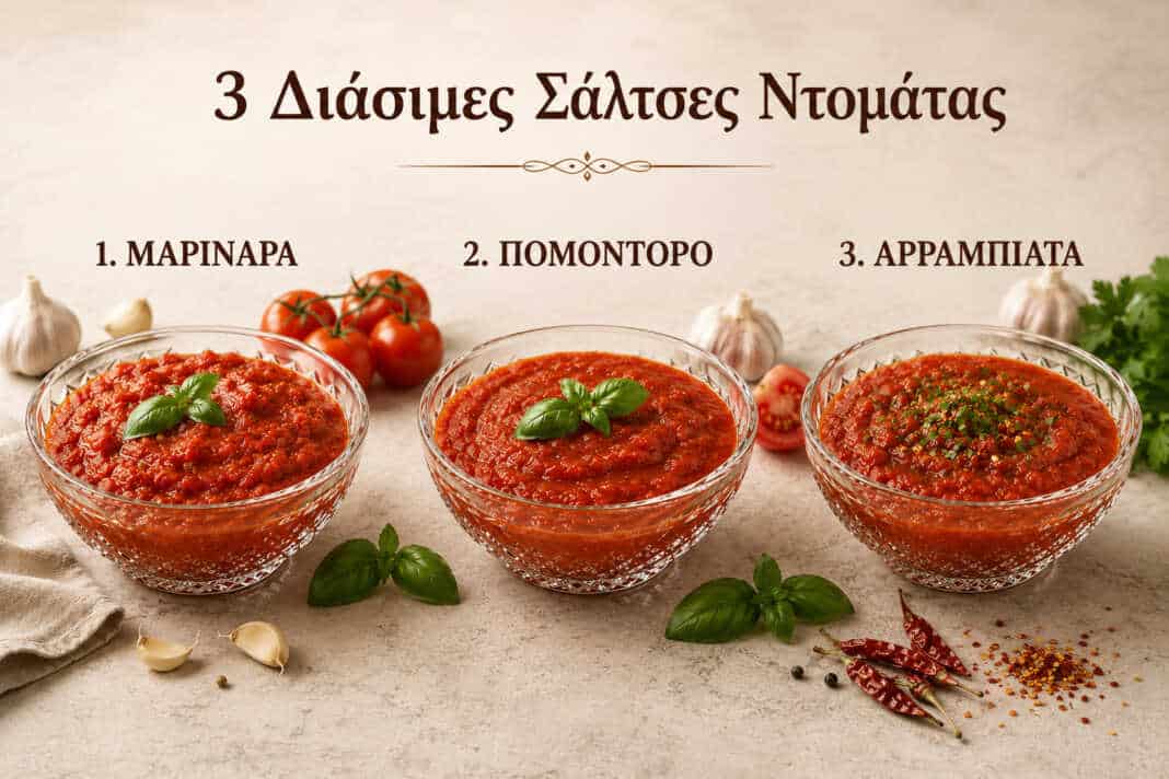 τρεις ιταλικές σάλτσες ντομάτας μαρινάρα πομοντόρο και αραμπιάτα