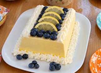 Αυθεντικό ιταλικό lemon semifreddo σερβιρισμένο σε πιατέλα, γαρνιρισμένο με ροζέτες σαντιγί, φρέσκα μύρτιλα και λεπτές ροδέλες λεμονιού