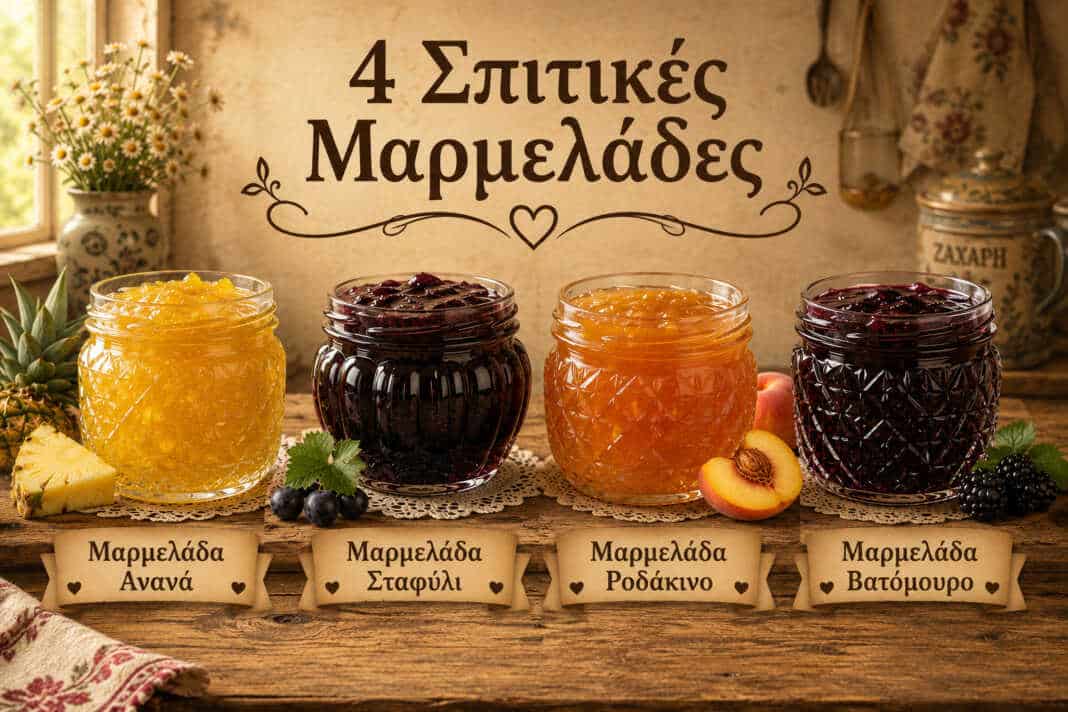 τέσσερα γυάλινα βάζα με σπιτικές μαρμελάδες ανανά σταφυλιού ροδάκινου και βατόμουρου