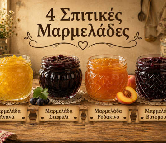 τέσσερα γυάλινα βάζα με σπιτικές μαρμελάδες ανανά σταφυλιού ροδάκινου και βατόμουρου